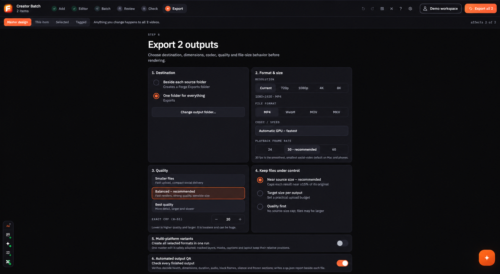 Forge Studio Export screen