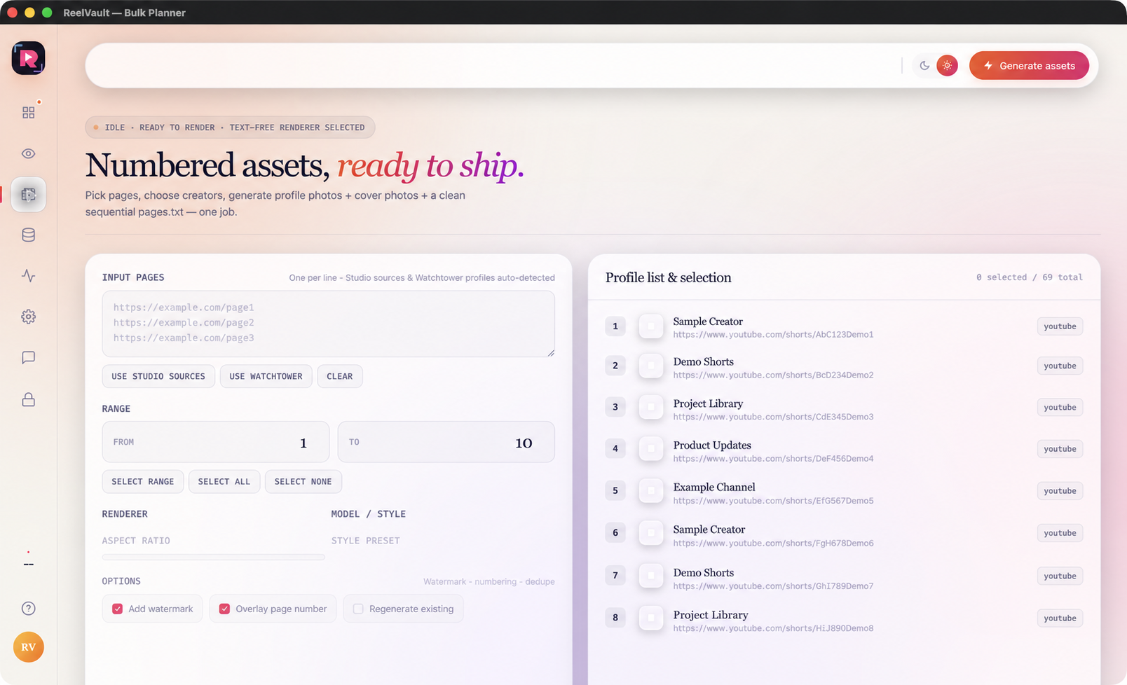 ReelVault Studio Bulk Planner screen